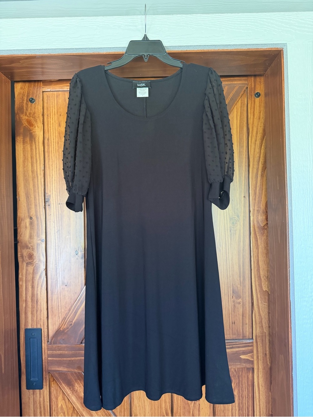 MSK Black Midi Dress with Sheer Puff Dot Sleeves